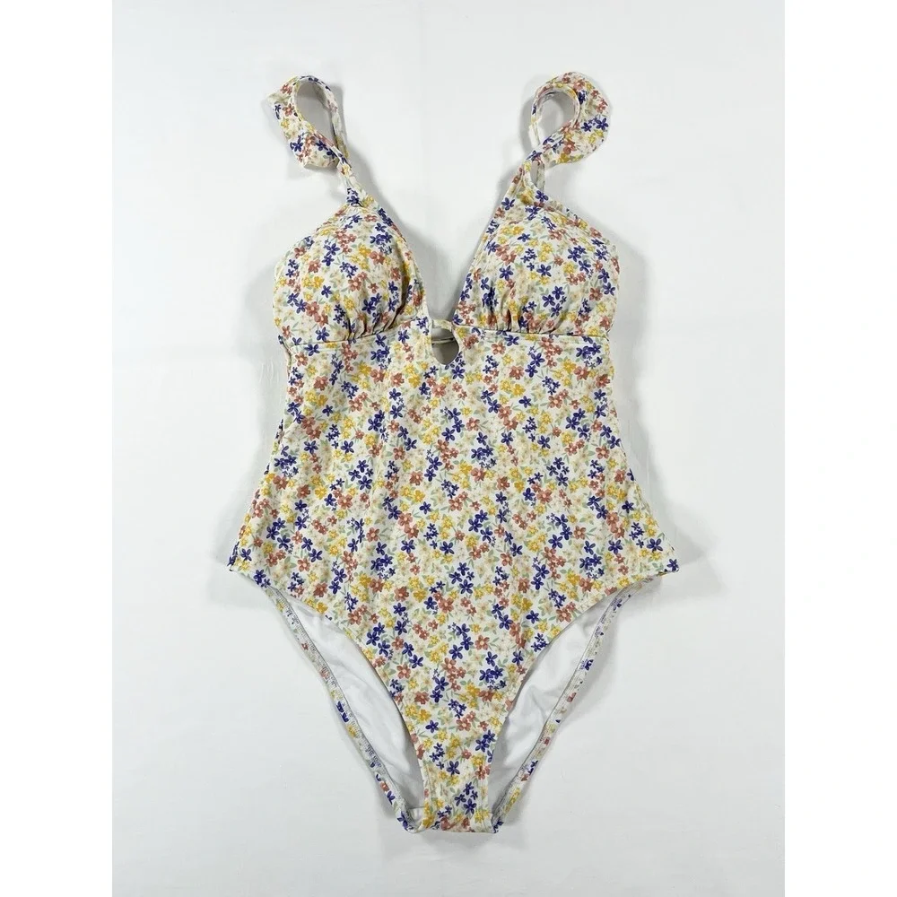 Shade & Shore Ruffle Plunge One Piece Swimsuit Ditsy Floral Cottage Womens M‎